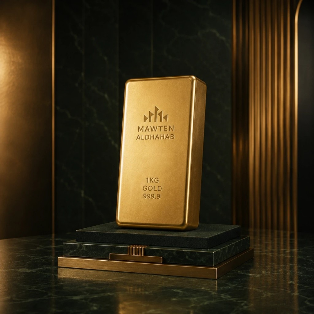 سبيكة موطن الذهب 1 كجم على قاعدة أمام رخام أخضر داكن